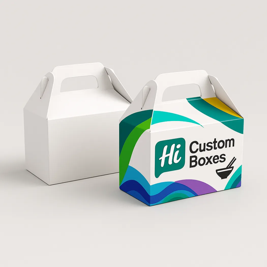 Two rectangular takeaway boxes with handles- one plain white and one with blue abstract designs class=